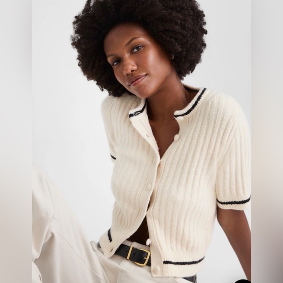 Madewell NWT Puff Sleeve Cardigan Cream Short Sleeve Cardigan with Black Trim XL - Picture 3 of 9